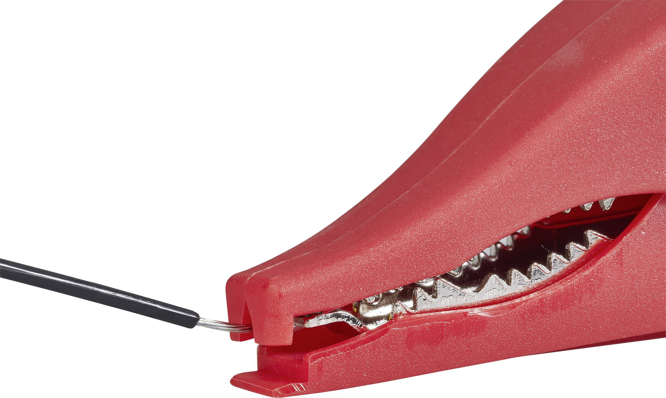 Red battery terminal with serrated metal clip holds black cable.