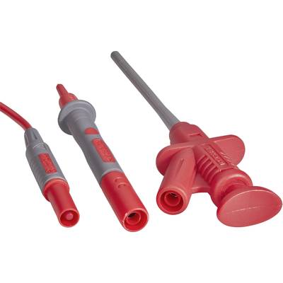 'Three red electrical test probes side by side, with different shapes, used for voltage tests and measurements in electronics.'
