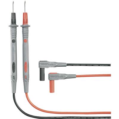 Electrical test probes with red and black cables. Two grey handles on the left, with red tips at the top. Cable ends at the bottom labelled with CAT-V marking.
