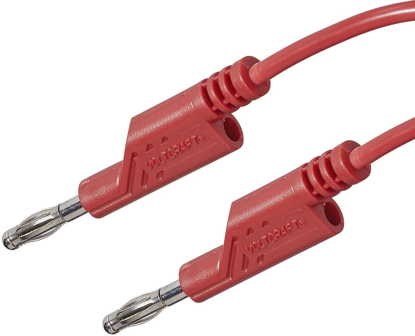 'Two red banana plugs with metal tips and VOLTCRAFT logo, connected by a cable.'