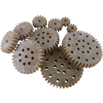 Several brown gears of different sizes lie on a surface. The gears have holes in the centre and resemble biscuits.