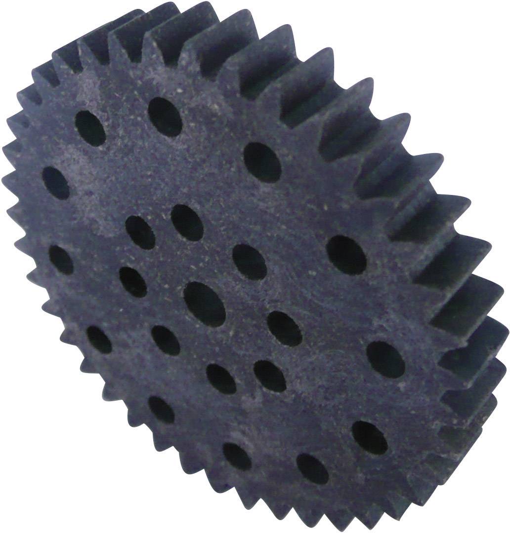 A black, circular gear wheel with multiple holes in the centre, arranged in a symmetrical pattern.