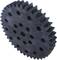 A black, circular gear wheel with multiple holes in the centre, arranged in a symmetrical pattern.