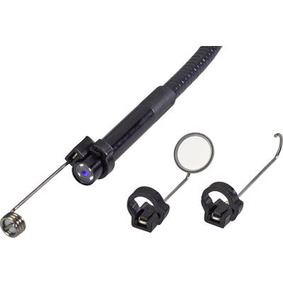 Camera probe with LED light, hook and mirror attachment. Suitable for inspecting hard-to-reach areas.