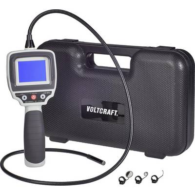 Inspection camera with display, flexible cable and three attachments, next to a black hard-shell case.