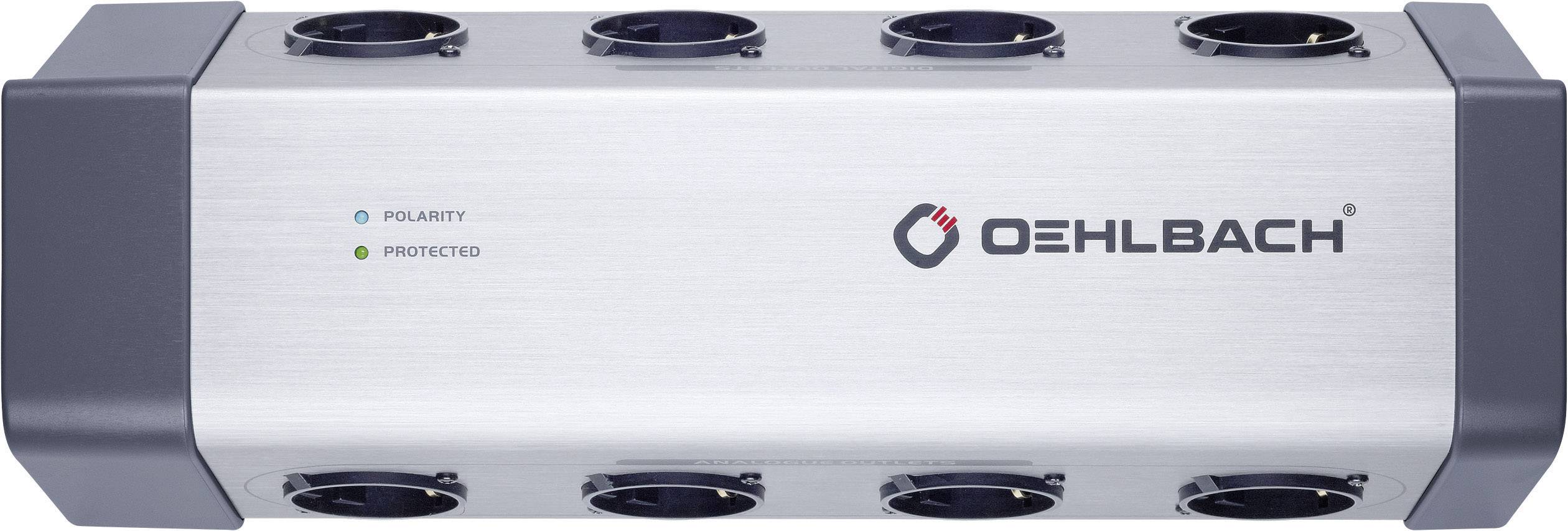 A silver Oehlbach power strip with eight socket outlets. Two indicator lights display 'Polarity' and 'Protected'.