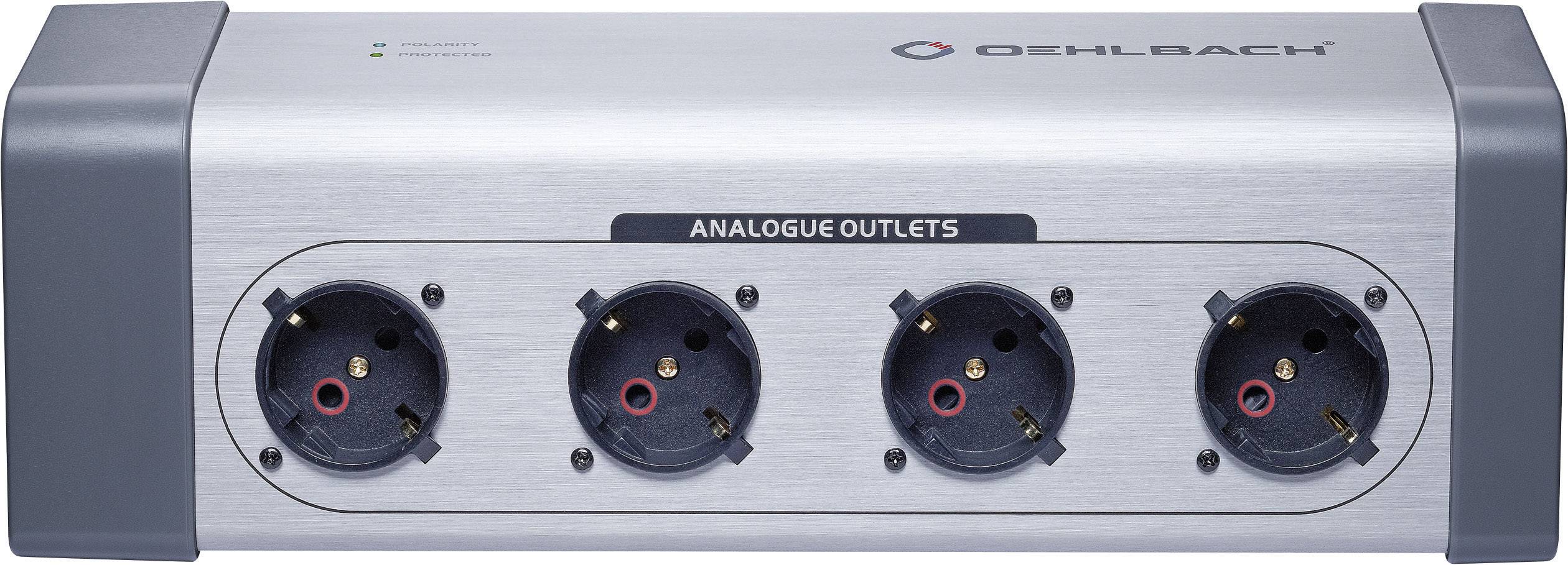 Analogue socket strip with four black power sockets, silver casing and grey sides. 'ANALOGUE OUTLETS' marking on the front side.