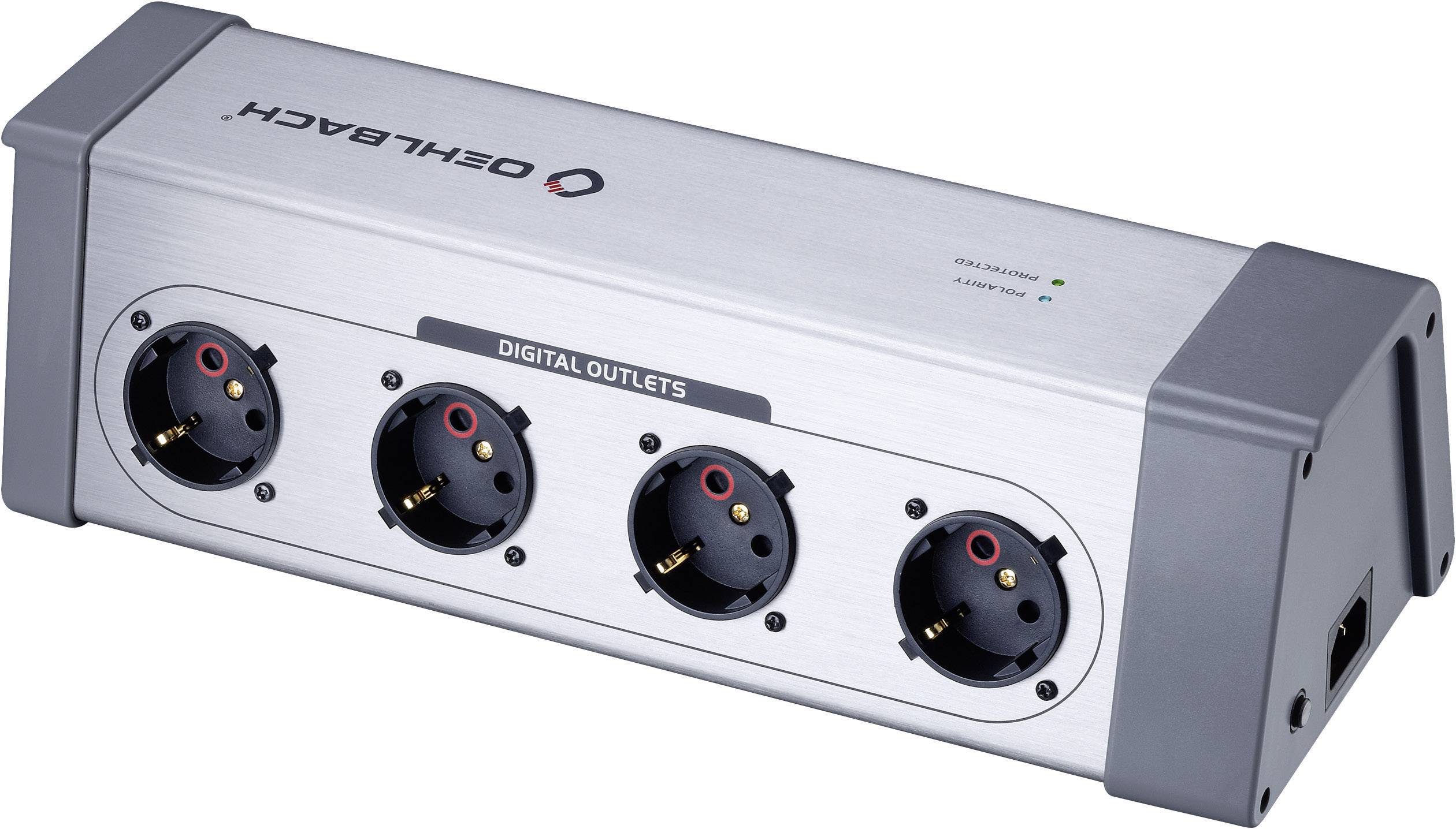 Four-way metal power strip with black socket design and a grey surface.