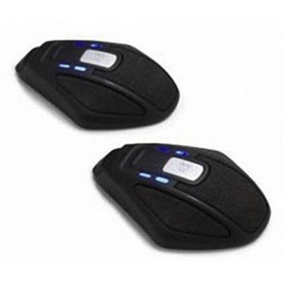 Two black communication devices with blue LED indicators and grey buttons, lying side by side.