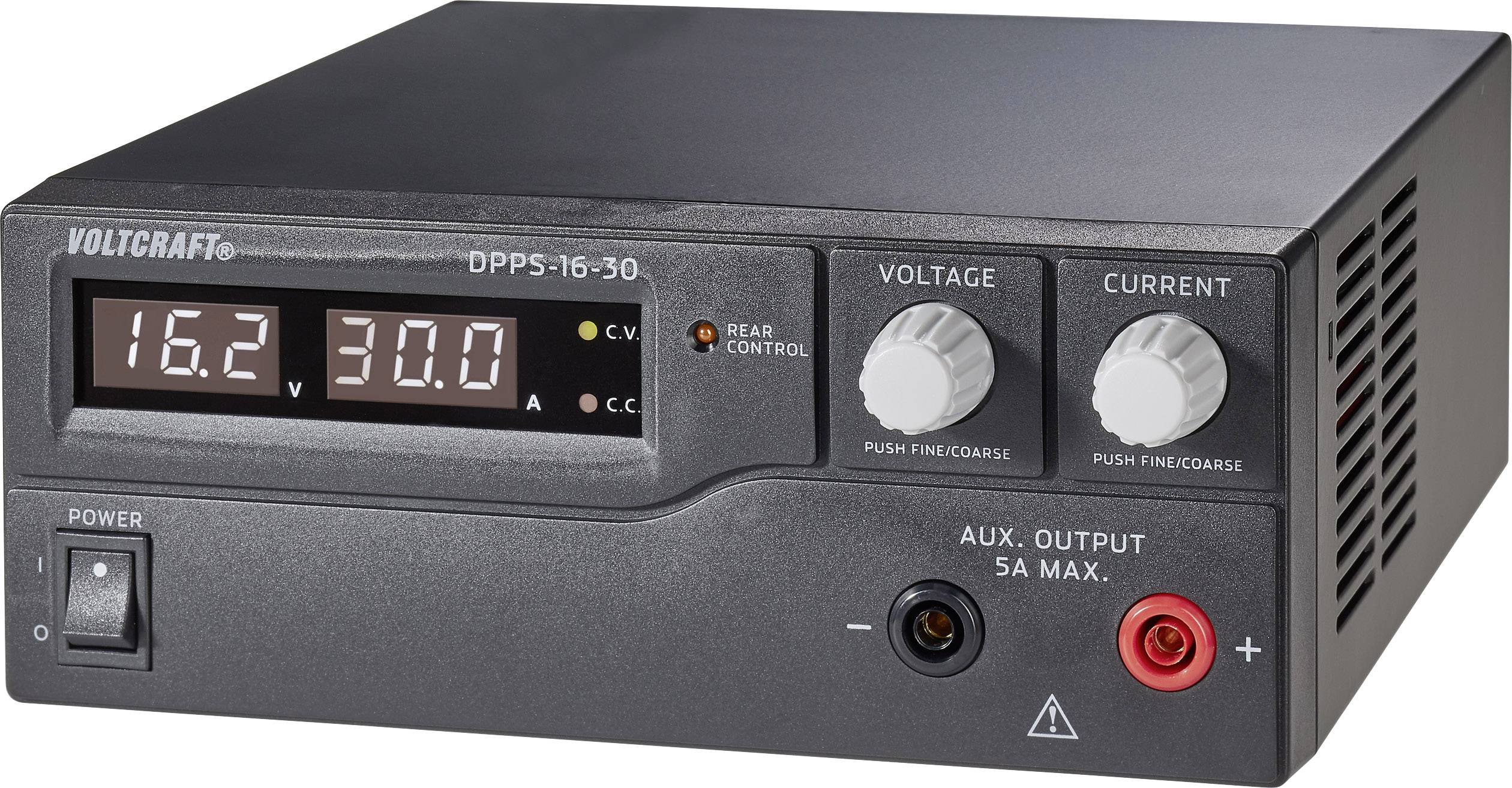 Black laboratory power supply with digital displays for voltage and current; buttons for fine adjustment; Model: Voltcraft DPPS-16-30.