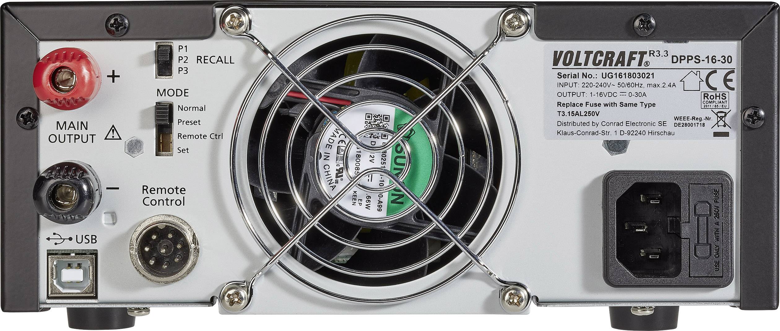 Rear view of a Voltcraft DPPS-16-30 device with a fan, various connections and control elements for operation and power supply.