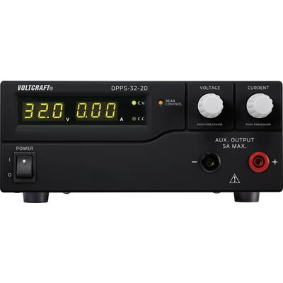 A black power supply with a digital display shows '32.0 V' and '0.00 A'. It has rotary knobs for voltage and current, along with a mains switch.