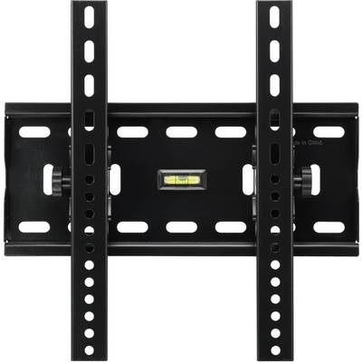 Black TV wall mount with built-in spirit level, suitable for wall mounting. Vertical and horizontal mounting options available.