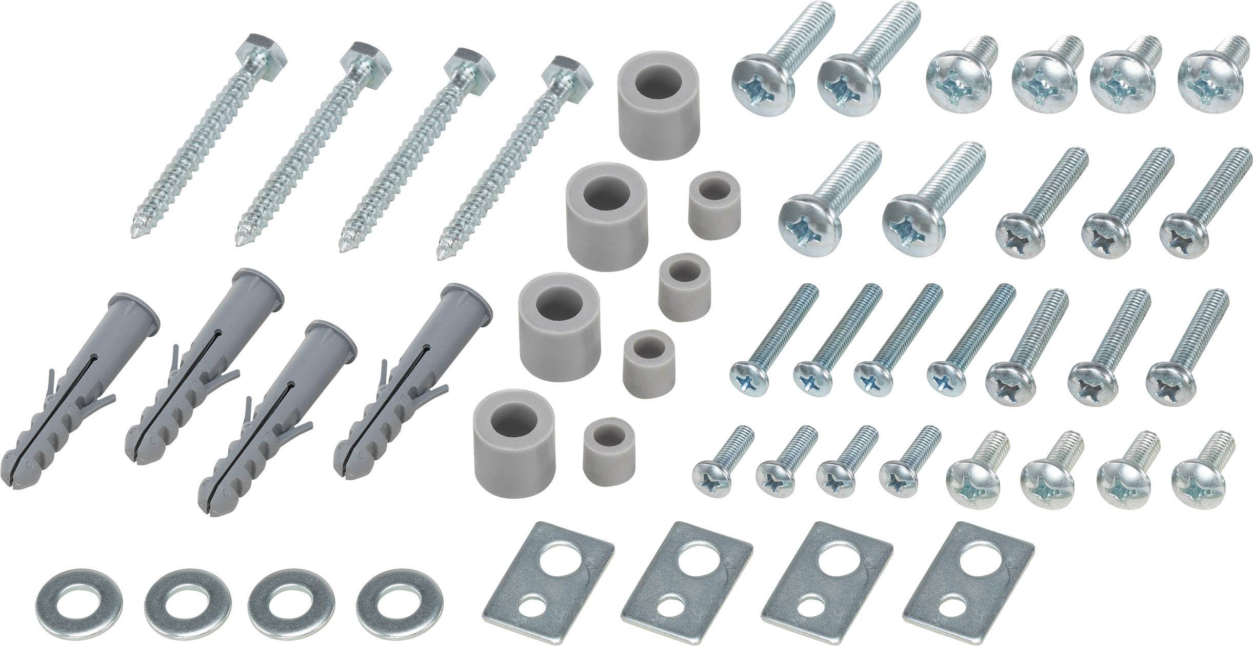 Various screws, wall plugs and spacers for fixing. Ideal for mounting on walls or furniture.
