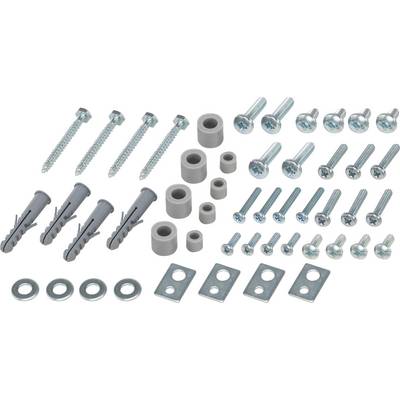 Various screws, wall plugs and spacers for fixing. Ideal for mounting on walls or furniture.