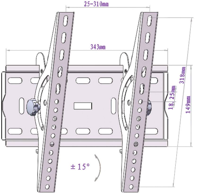 Illustration of a TV wall mount with adjustable tilt angle of ±15°, compatible dimensions, and mounting instructions.