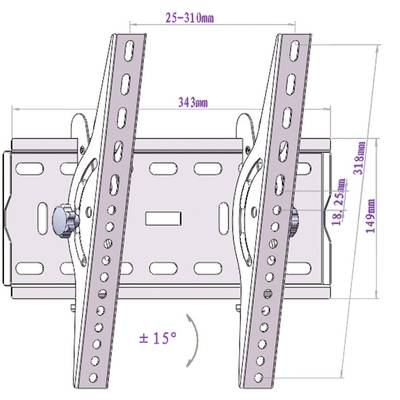 Illustration of a TV wall mount with adjustable tilt angle of ±15°, compatible dimensions, and mounting instructions.