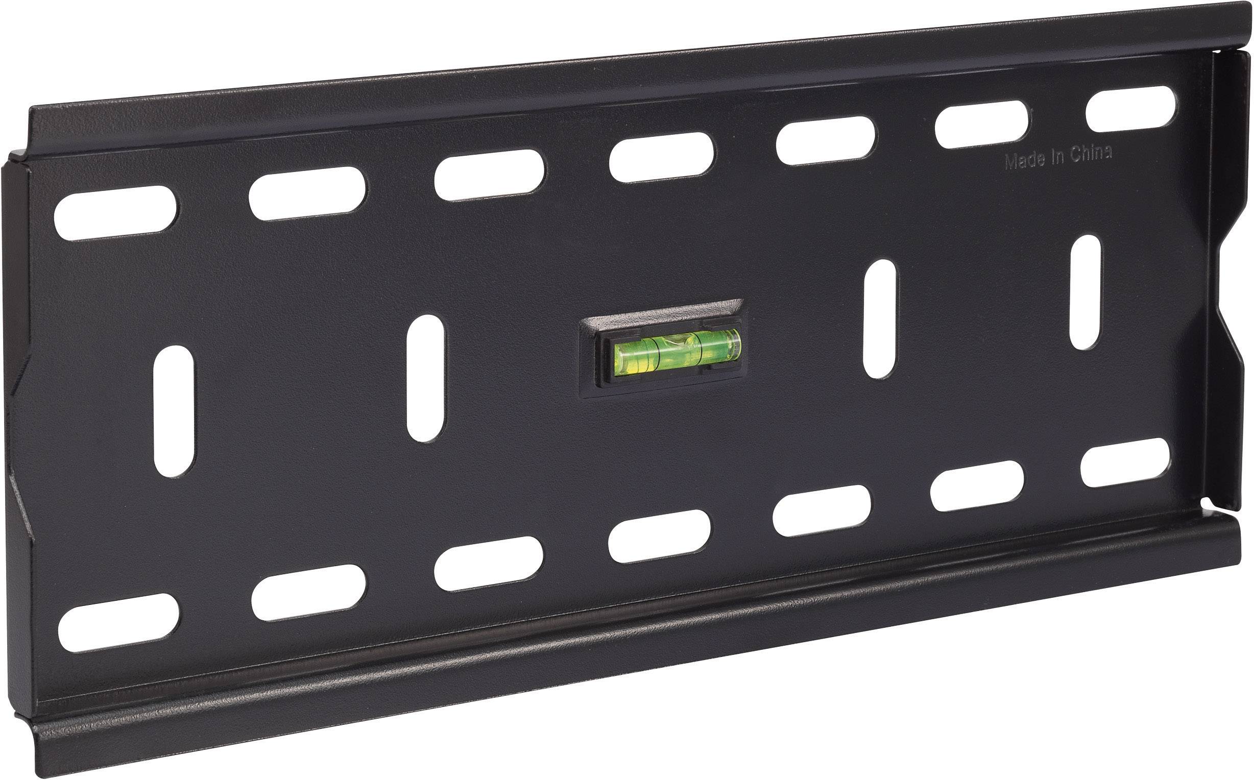 A black wall mount with a spirit level integrated in the centre.