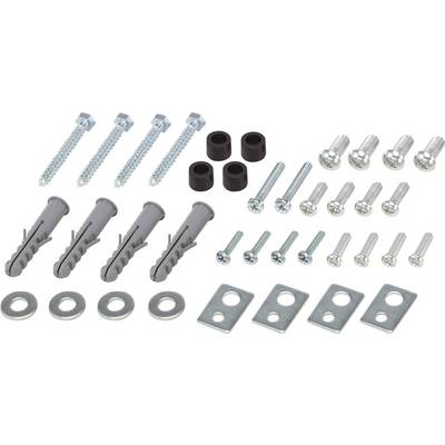 Various metal and plastic components: screws, wall plugs, nuts, spacers and washers on a white background.