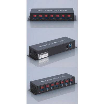 A 7-port USB hub, metallic, with individual on/off switches for each port and a single USB connection on the back.