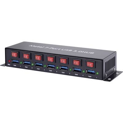 USB Hub with 7 Ports, Red On/Off Switches for Each Port and a Black Metal Casing; Supports USB 3.0