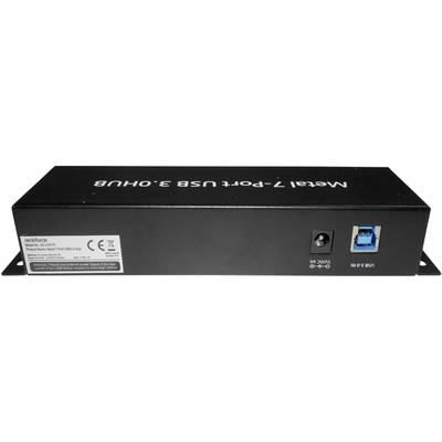 A black metal USB 3.0 hub with seven ports. On the front are connection sockets, a power supply socket, and a power on/off switch.