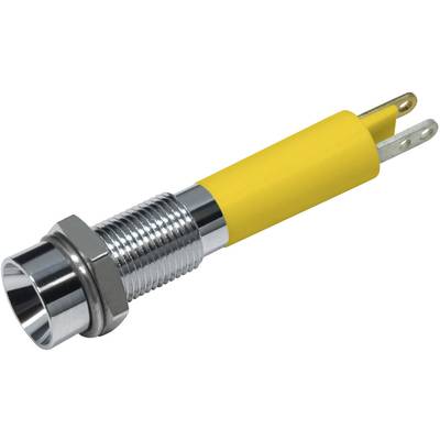 A yellow LED indicator with metal thread and two electrical connections. Suitable for panel mounting.