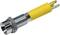 A yellow LED indicator with metal thread and two electrical connections. Suitable for panel mounting.