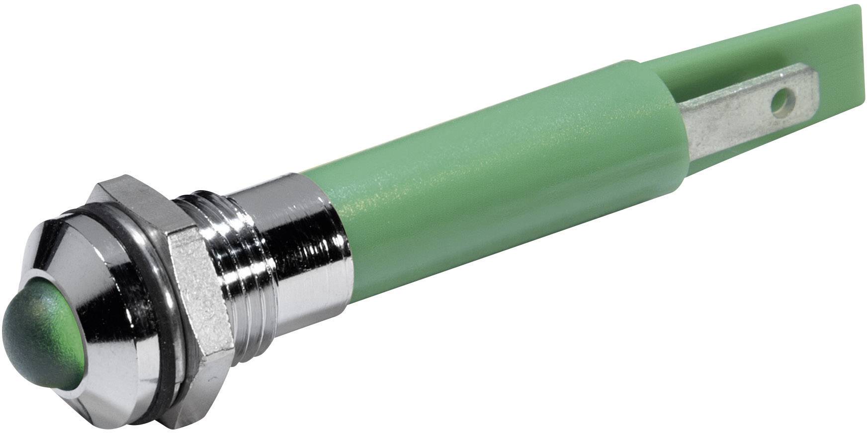 Green metal push button with plastic cover, suitable for electronic applications or control panels.