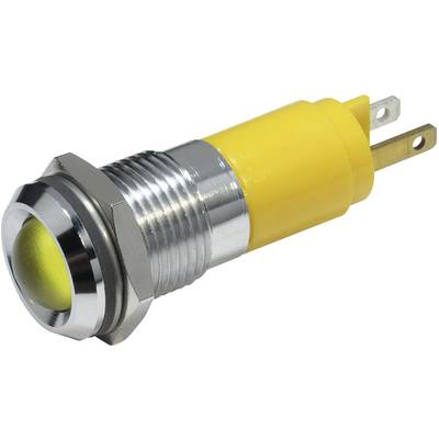 A yellow push button switch with a metal surround and two connection terminals.