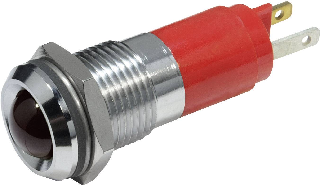 Red, cylindrical push button with metallic rim and threading, suitable for mounting on electrical devices.