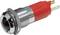 A red, round push button switch with a metal casing, suitable for electronic projects or device operation.