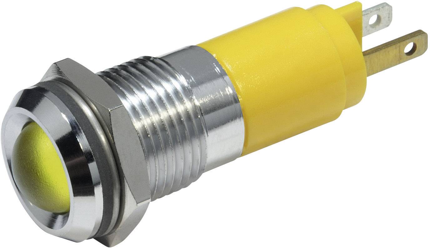 A yellow metal push-button switch with a round actuator and two connecting pins, suitable for electronic applications.