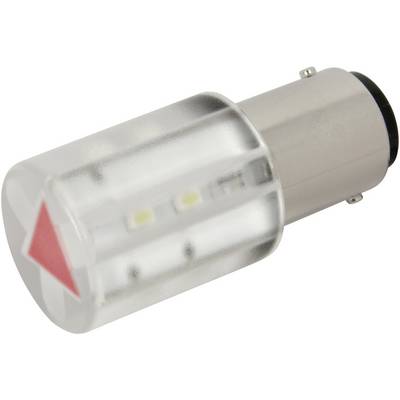 A clear light bulb with a metal base and a red arrow on the side, indicates the insertion point and directional orientation of the lamp.