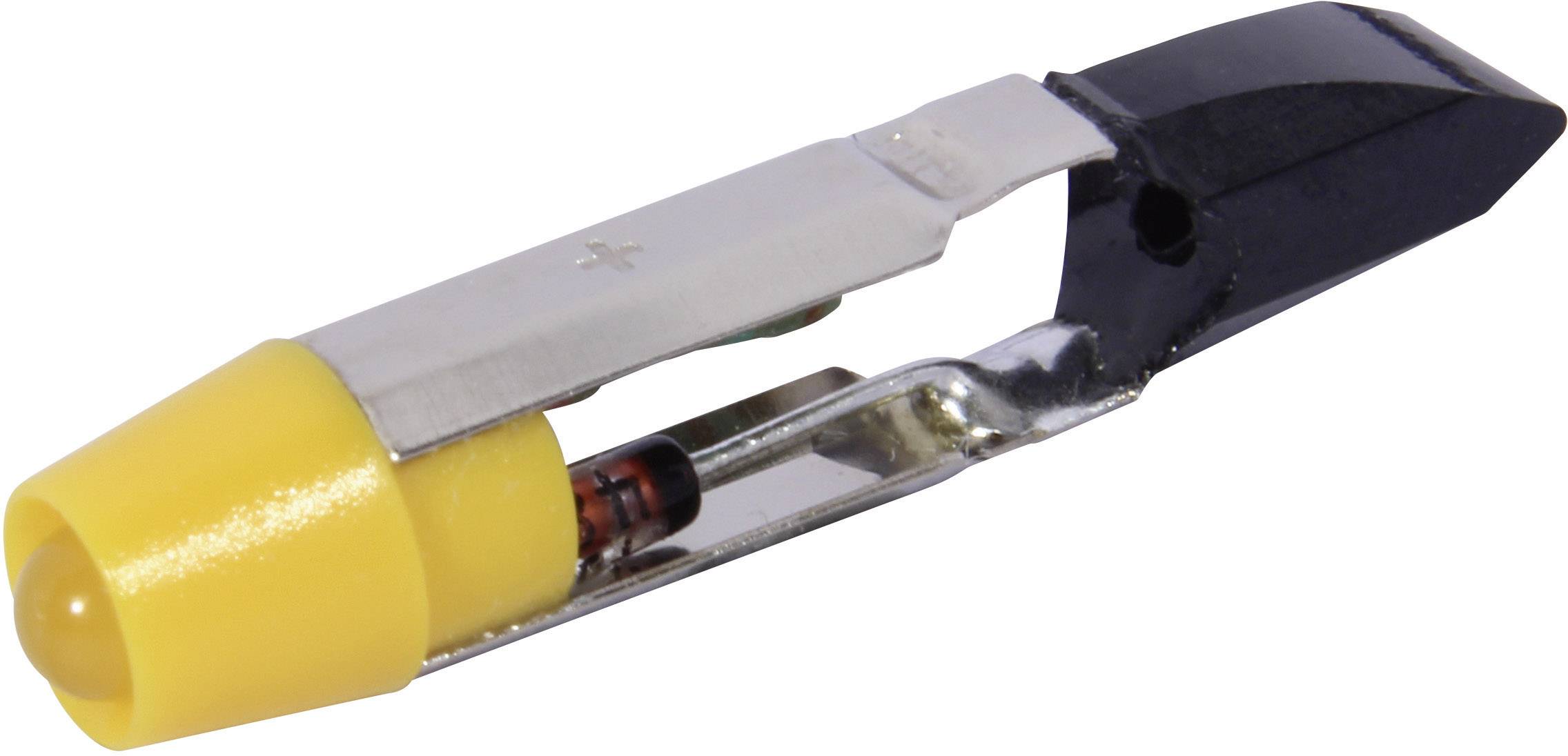 Crocodile clip with yellow LED light and black cover, showing negative and positive terminals. Primarily used in electronics.