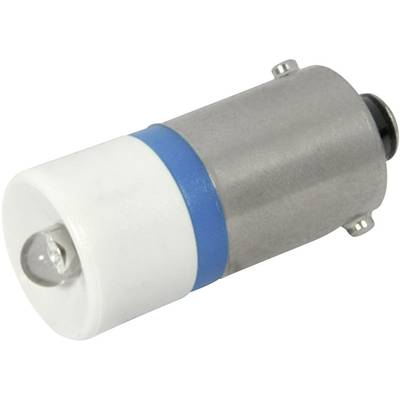 Small, cylindrical LED lamp with white and blue rings, metal body and light bulb base, shown lying down.
