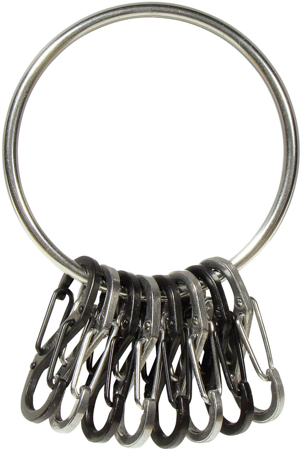A silver keyring with several small carabiners attached in dark tones.