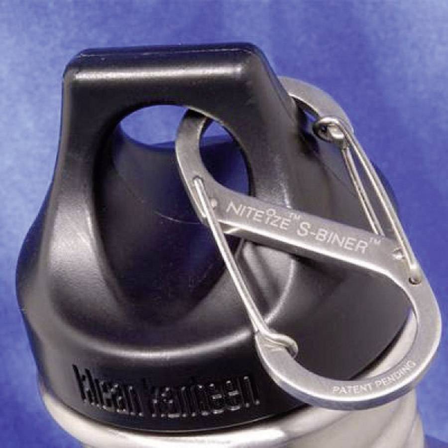 Stainless steel drinks bottle with a carabiner hook attached to the lid. The carabiner is inscribed with 'Nite Ize S-Biner'.