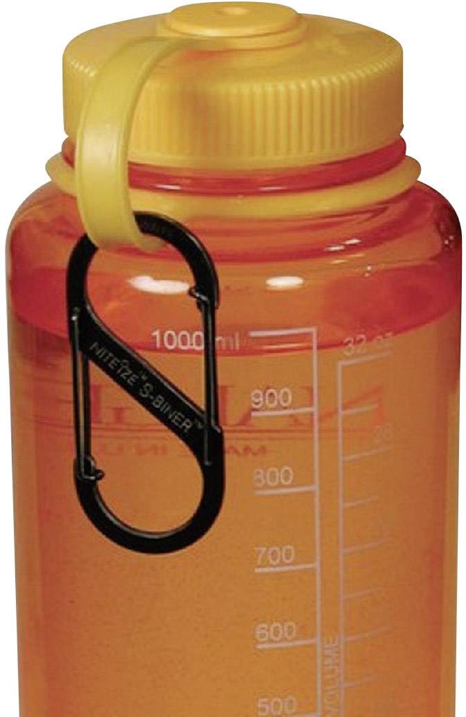 An orange water bottle with a black carabiner clip. It has a millilitre measurement scale from 100 to 1000 ml on the side.