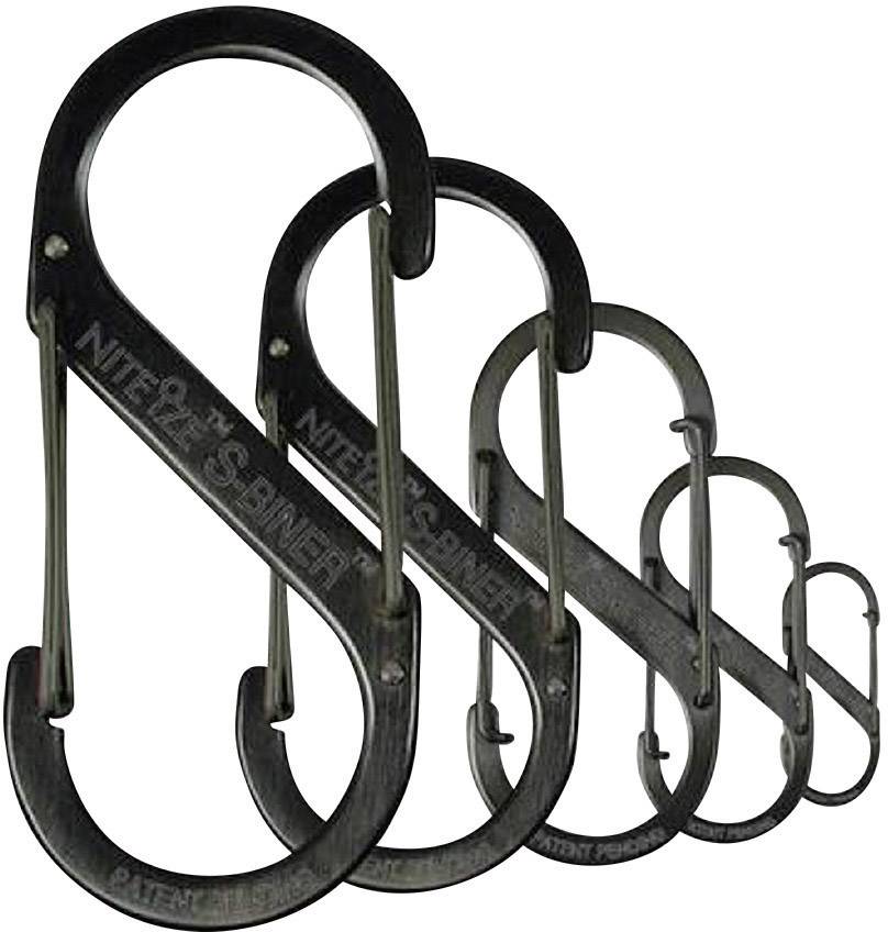 'Four black metal S-hooks arranged from large to small. Each hook is embossed with the inscription "NITE IZE S-BINER".'