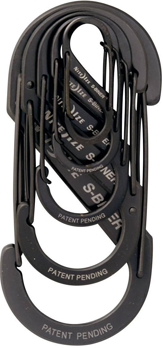 Black carabiners of various sizes interlocked, with 'Patent Pending' printed on each hook.