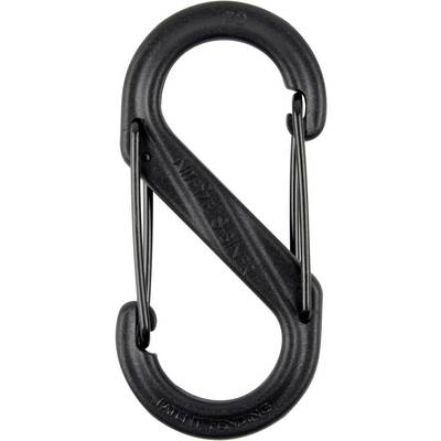 A black S-shaped carabiner with double spring clip, suitable for securing or hanging items.