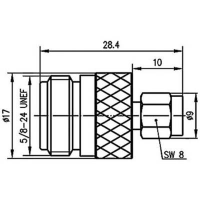 Technical drawing of a connector with dimensions: 28.4 mm length, 17 mm diameter, thread 5/8-24 UNEF.