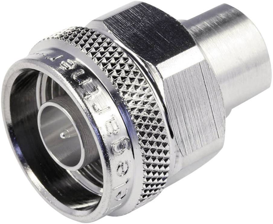 A silver metallic coaxial plug with a ridged edge and hexagonal nut, used for cable connections.