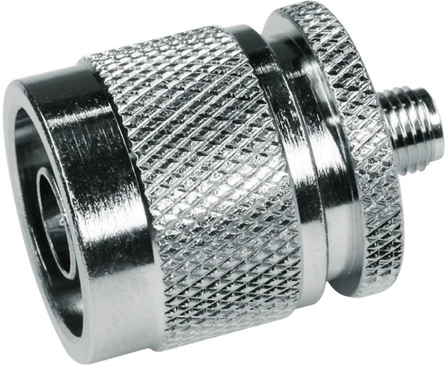 Metal connecting piece with knurled surface and screw thread; used for secure fastening in technical applications.