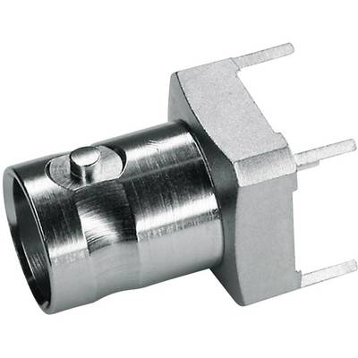 Metallic high-frequency connector with three terminals, typical for electronic devices used in transmitting RF signals.