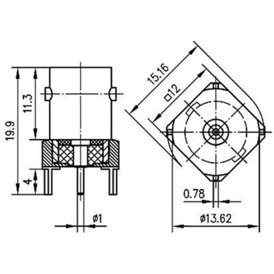 Technical drawing of an engine with dimensions. Shows front and side views with measurements in millimetres.