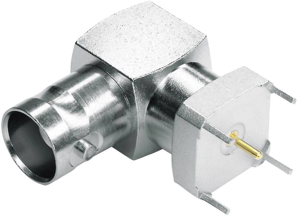 A metallic RF connector in angled design, suitable for high-frequency connections in electronics-related applications.