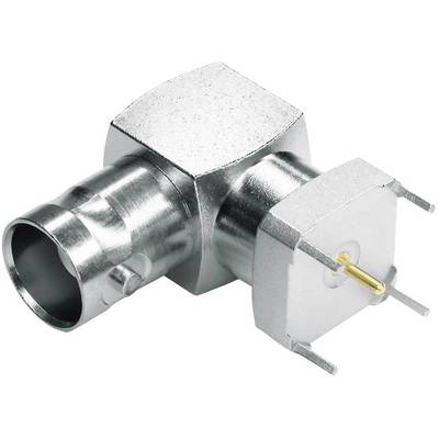 A metallic RF connector in angled design, suitable for high-frequency connections in electronics-related applications.