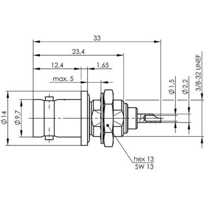 Technical drawing of an electrical connector with dimensions and thread specifications in millimetres. Key measurements: length 33, diameter 9.7.